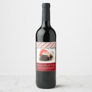 Cute Puppy Pug in a Red Santa Hat Christmas Wine Label