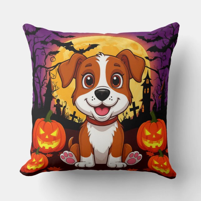 🌙🐾 Cute Puppy Pumpkin Night Halloween Cheer ✨🎃 Throw Pillow (Front)