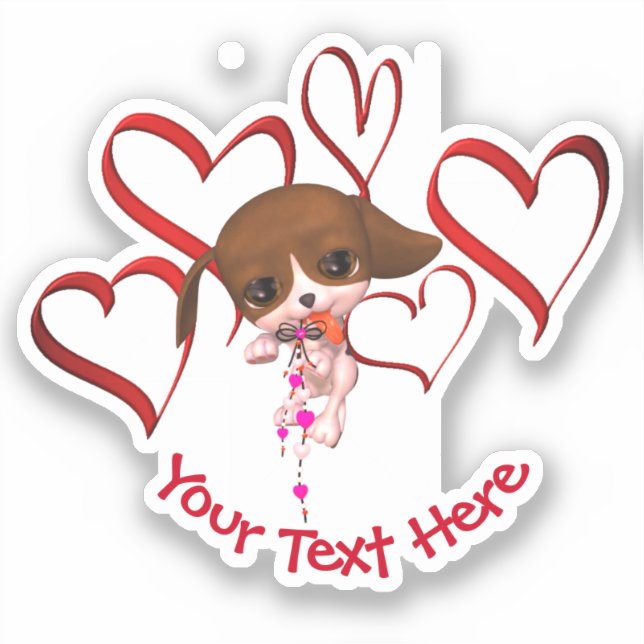 Cute Puppy Red Hearts Personalized  Sticker (Front)