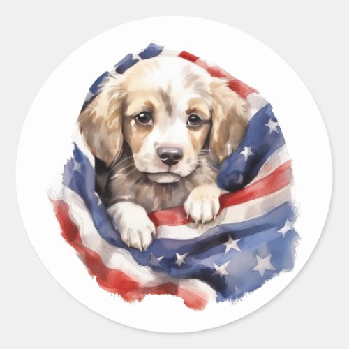 Cute Puppy Red White Blue American Flag  Classic Round Sticker