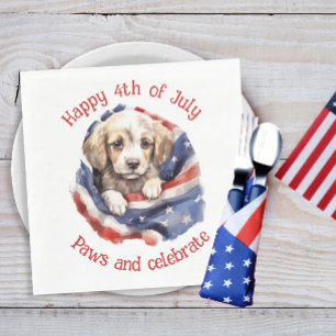 Cute Puppy Red White Blue American Flag Happy 4th Napkins