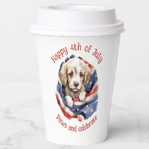 Cute Puppy Red White Blue American Flag Happy 4th  Paper Cups