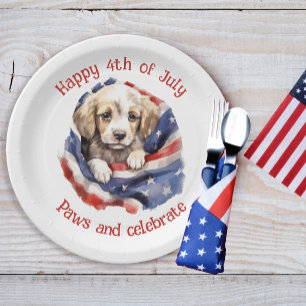 Cute Puppy Red White Blue American Flag Happy 4th Paper Plates