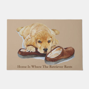 cute puppy retriever cuddling slippers slogan doormat