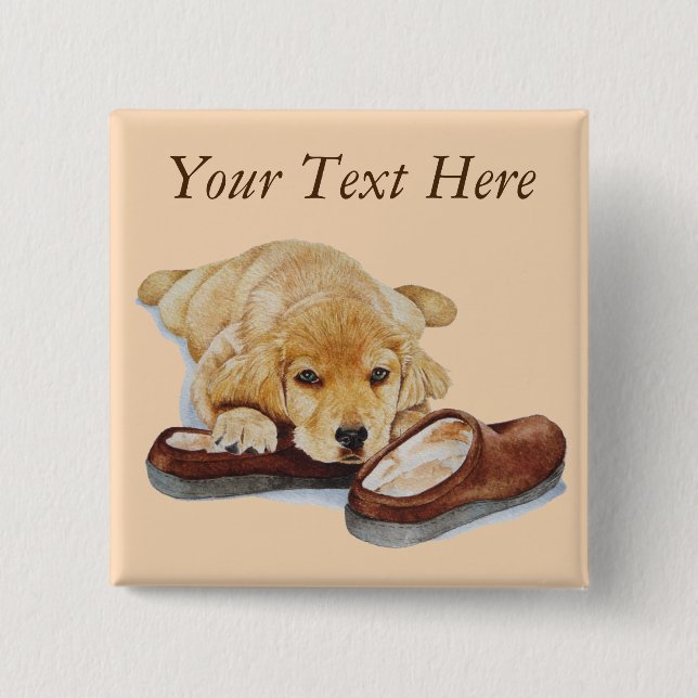cute puppy retriever dog cuddling slippers button (Front)