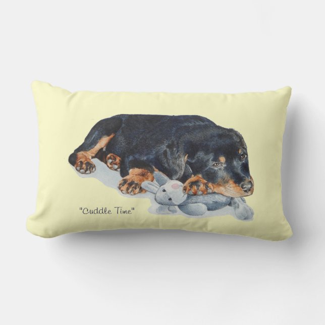 cute puppy rottweiler cuddling teddy bear lumbar pillow (Front)