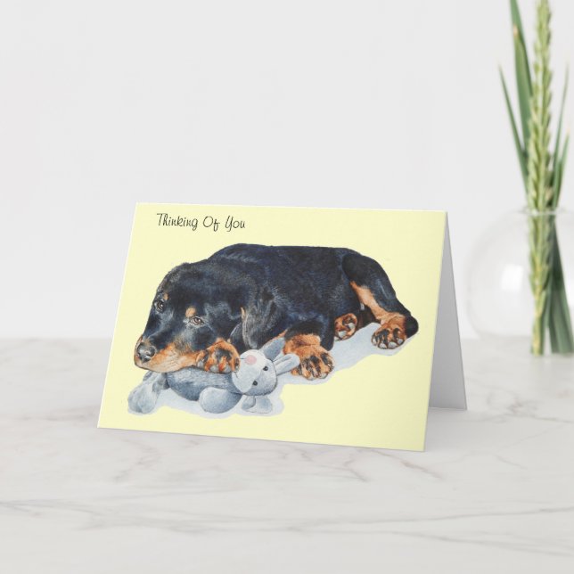 cute puppy rottweiler dog cuddling teddy bear art card (Front)