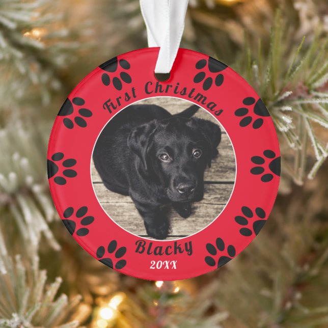 Cute Puppy`s First Christmas Paw Print Dog Photo Ornament (Tree)