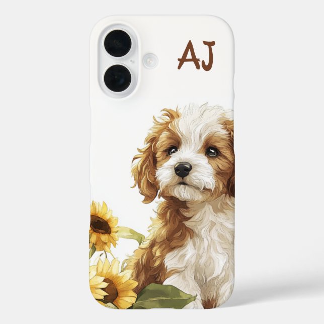 Cute Puppy Sunflowers Monogram Case-Mate iPhone Case (Back)