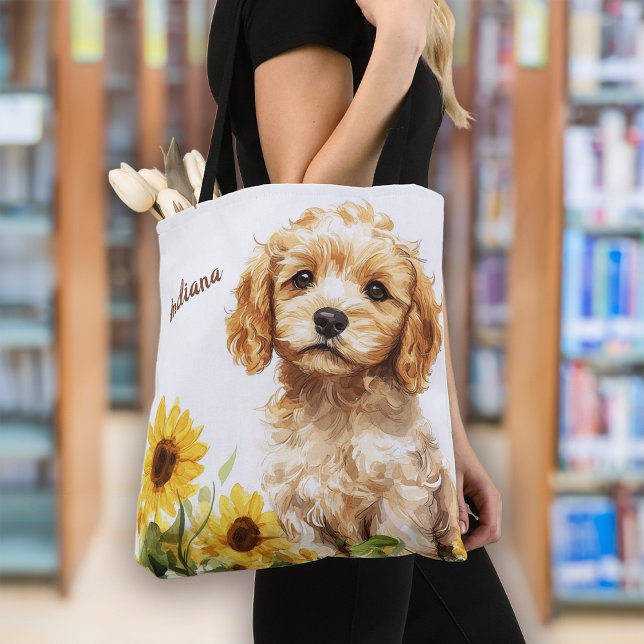Cute Puppy Sunflowers Personalized Tote Bag (Creator Uploaded)