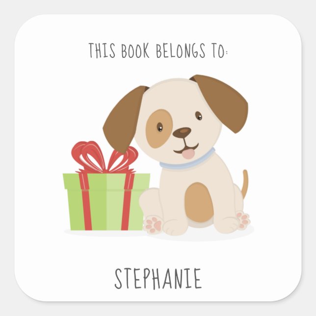 Cute Puppy This Book Belongs to Square Sticker (Front)
