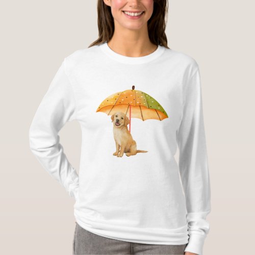 Cute Puppy under Autumn Color Umbrella  T_Shirt