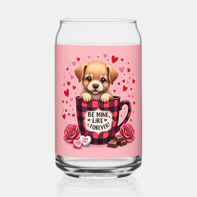 Cute Puppy Valentine Buffalo Plaid Aesthetic Can Glass (Front)
