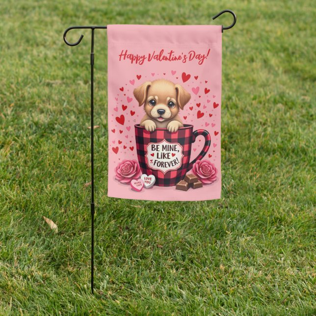 Cute Puppy Valentine Buffalo Plaid Aesthetic Garden Flag (In SItu)