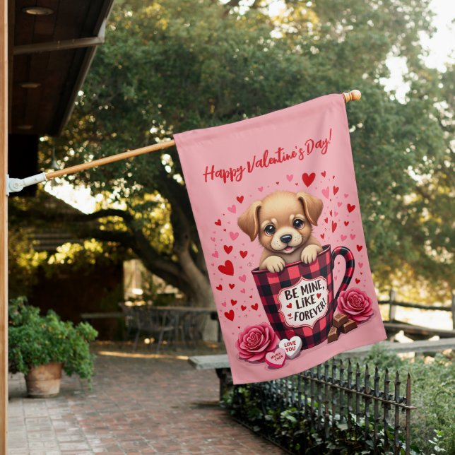 Cute Puppy Valentine Buffalo Plaid Aesthetic House Flag (In SItu)