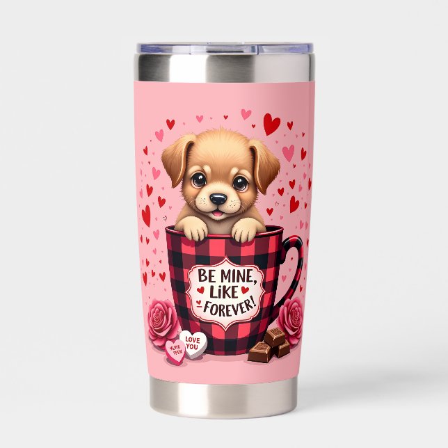 Cute Puppy Valentine Buffalo Plaid Aesthetic Insulated Tumbler (Front)