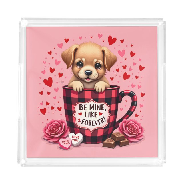 Cute Puppy Valentine Buffalo Plaid Aesthetic Mug Acrylic Tray (Front)