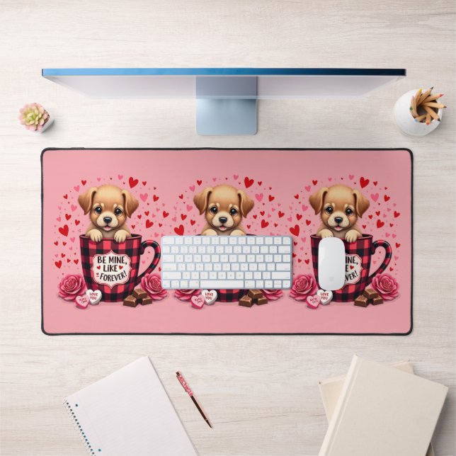 Cute Puppy Valentine Buffalo Plaid Aesthetic Mug Desk Mat (Office 1)