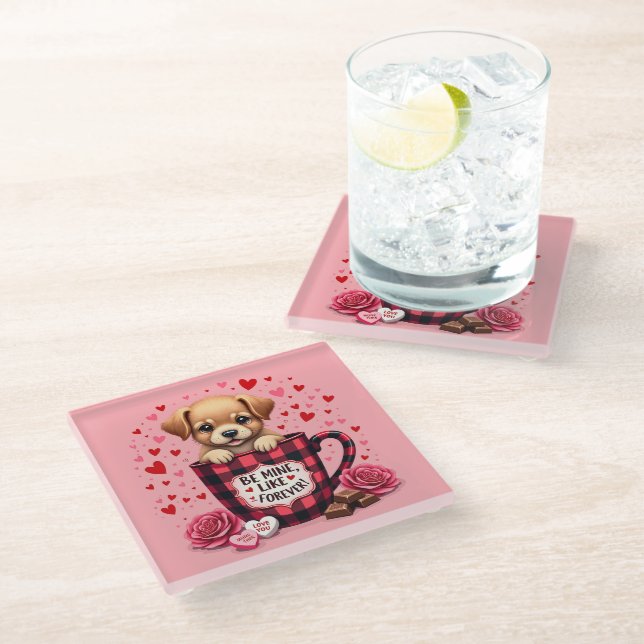 Cute Puppy Valentine Buffalo Plaid Aesthetic Mug Glass Coaster (Angled)