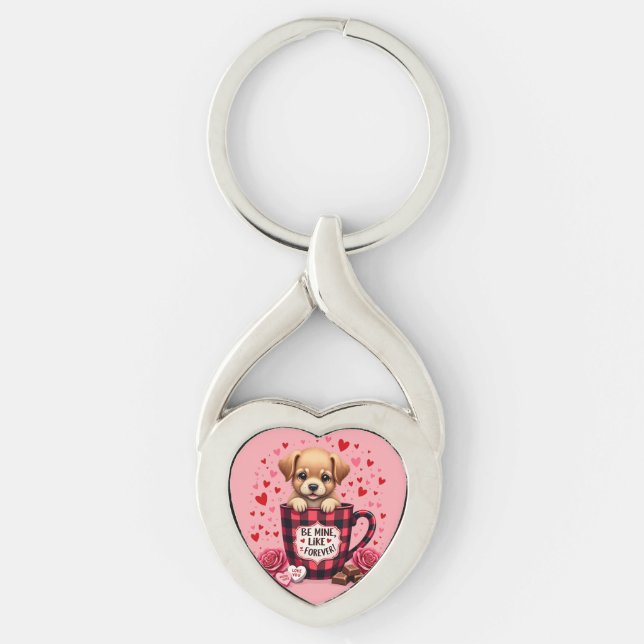 Cute Puppy Valentine Buffalo Plaid Aesthetic Mug Keychain (Front)