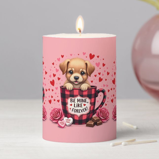 Cute Puppy Valentine Buffalo Plaid Aesthetic Mug Pillar Candle (In Situ)
