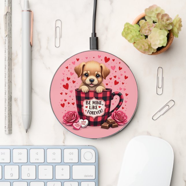 Cute Puppy Valentine Buffalo Plaid Aesthetic Mug Wireless Charger (Desk)