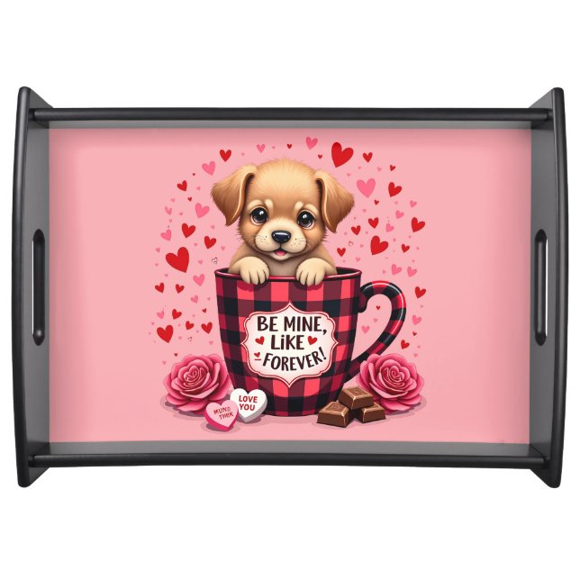 Cute Puppy Valentine Buffalo Plaid Aesthetic Serving Tray (Front)