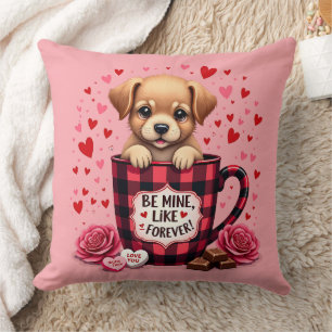 Cute Puppy Valentine Buffalo Plaid Aesthetic Throw Pillow