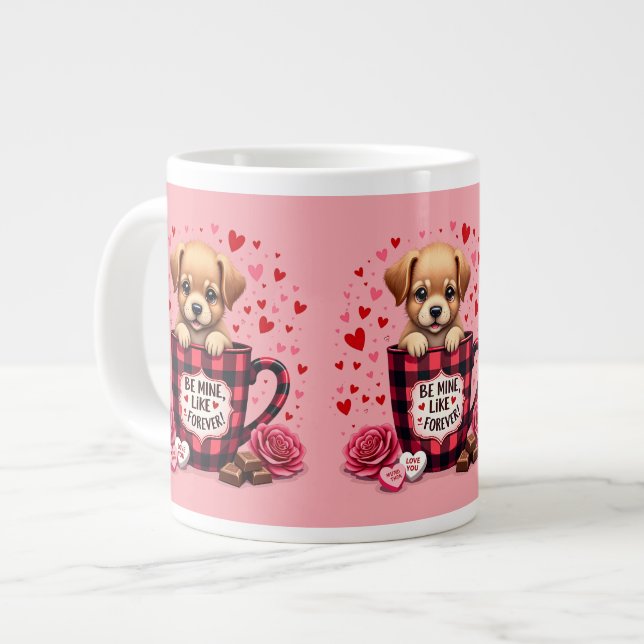 Cute Puppy Valentine Buffalo Plaid Giant Coffee Mug (Front Left)