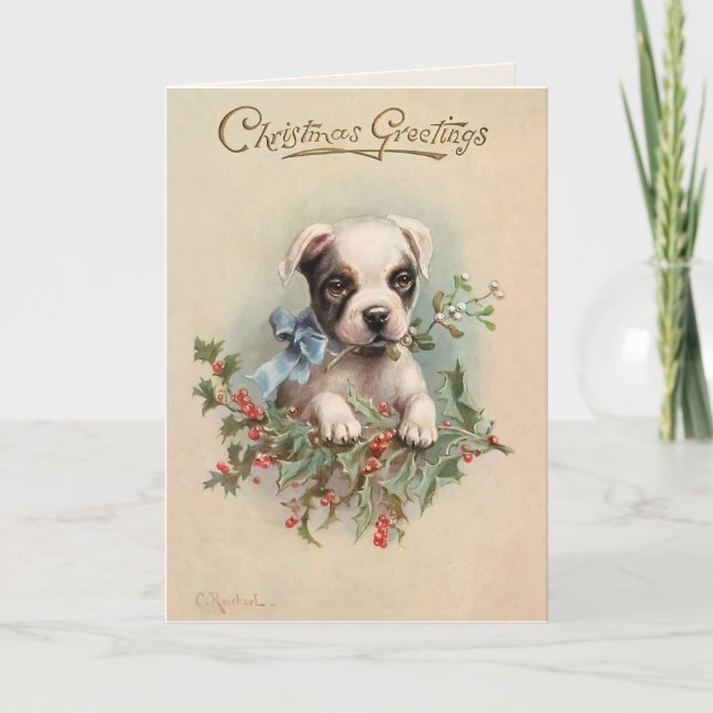 Cute Puppy Vintage Christmas Greeting Holiday Card (Front)