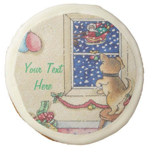 cute puppy waving to santa in the snow christmas sugar cookie