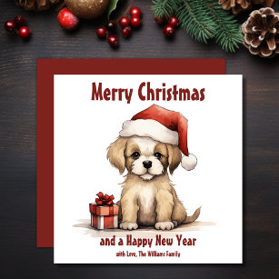 Cute Puppy Wearing a Santa Hat Dog Christmas Holiday Card