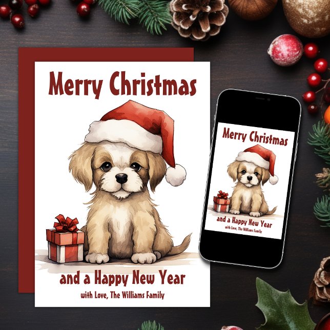 Cute Puppy Wearing a Santa Hat Dog Christmas Holiday Card (Printed and Digital - Cute Puppy Wearing a Santa Hat Dog Christmas Holiday Card)