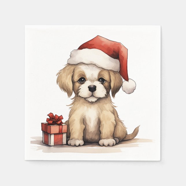 Cute Puppy Wearing a Santa Hat Dog Christmas Napkins (Front)