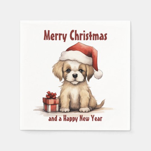 Cute Puppy Wearing a Santa Hat Dog Merry Christmas Napkins