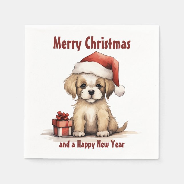 Cute Puppy Wearing a Santa Hat Dog Merry Christmas Napkins (Front)