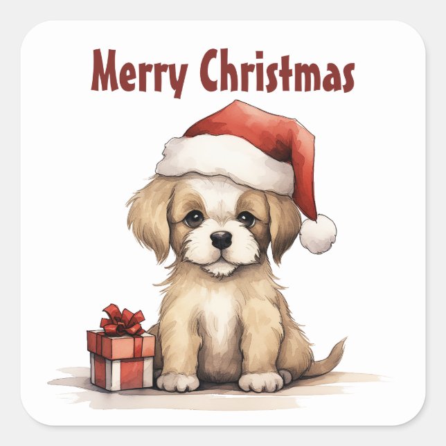 Cute Puppy Wearing a Santa Hat Merry Christmas Square Sticker (Front)
