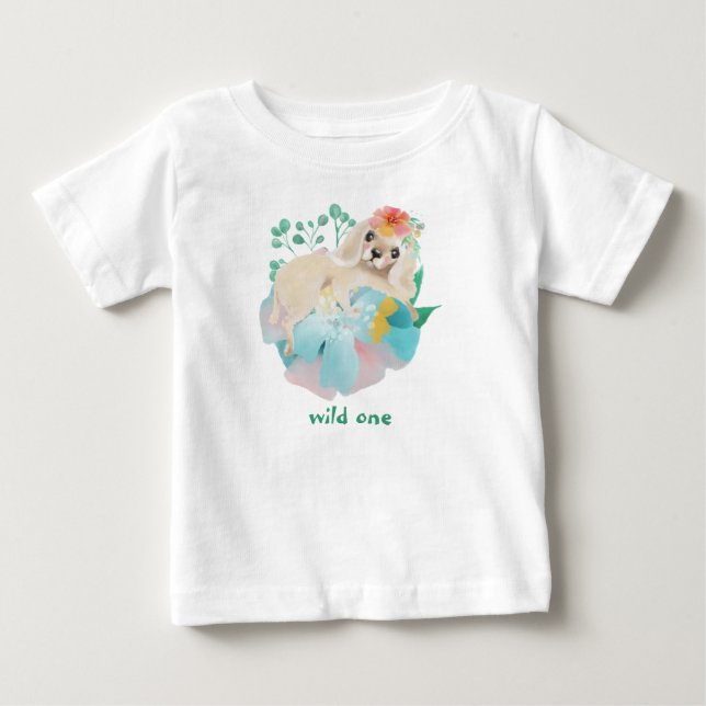Cute Puppy Wild One Baby Girl First Birthday Baby T-Shirt (Front)