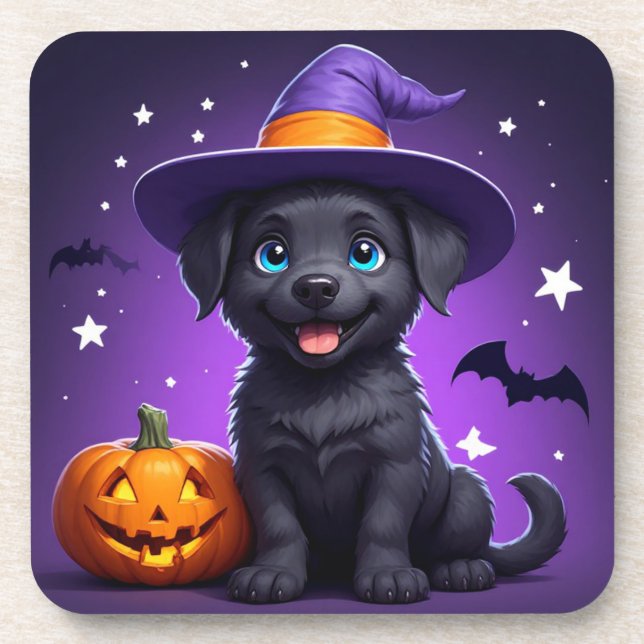 Cute Puppy Witch Hat Halloween 🐶 Beverage Coaster (Front)