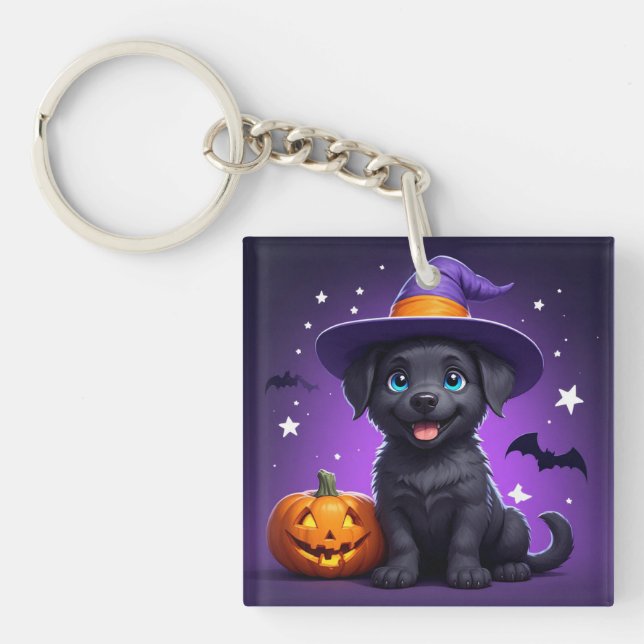 Cute Puppy Witch Hat Halloween 🐶 Keychain (Front)