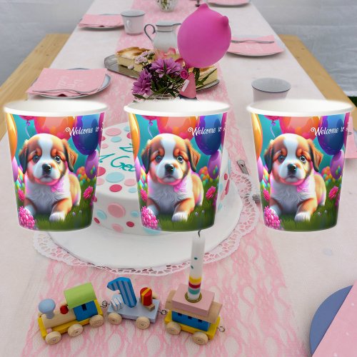 Cute puppy with balloons _ birthday  paper cups
