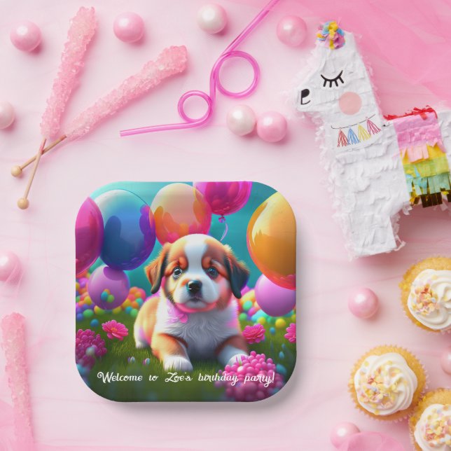 Cute puppy with balloons - birthday  paper plates (Party)