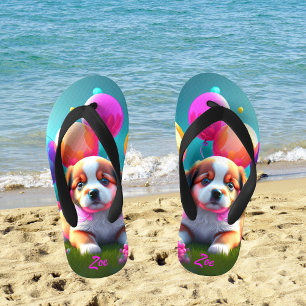 Cute puppy with balloons - cute kids kid's flip flops