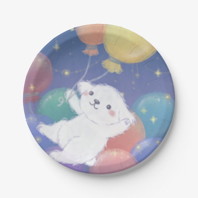 Cute Puppy with Balloons & Stars Paper Plates (Front)