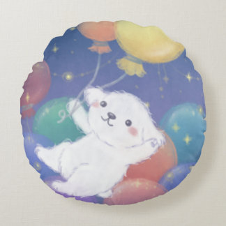 Cute Puppy with Balloons & Stars Round Pillow