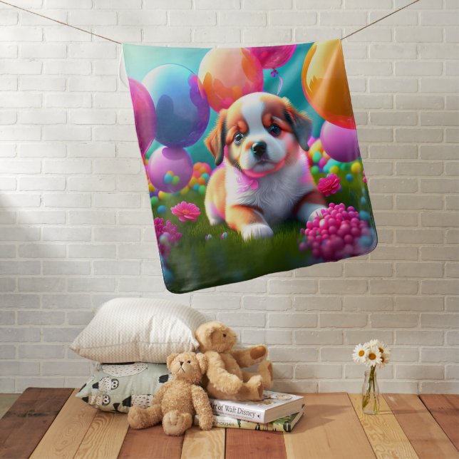 Cute puppy with balloons - sweet  baby blanket (In Situ)