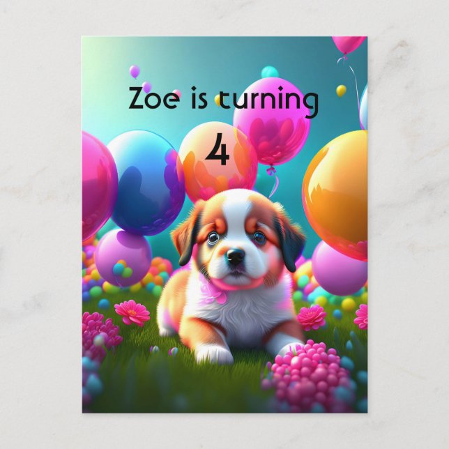 Cute puppy with balloons - sweet Kids Birthday  Invitation Postcard (Front)
