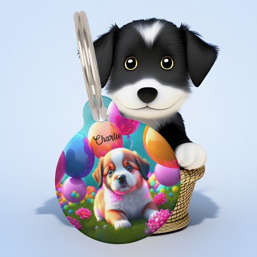 Cute puppy with balloons _ sweet  pet ID tag