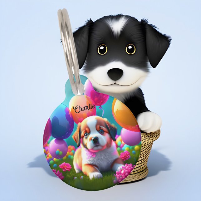 Cute puppy with balloons - sweet  pet ID tag (Creator Uploaded)