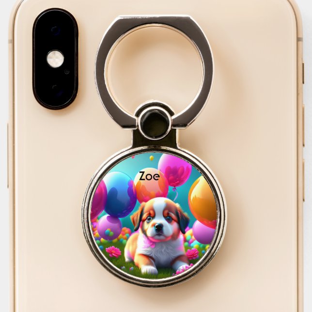 Cute puppy with balloons - sweet  phone ring stand (Close Up)